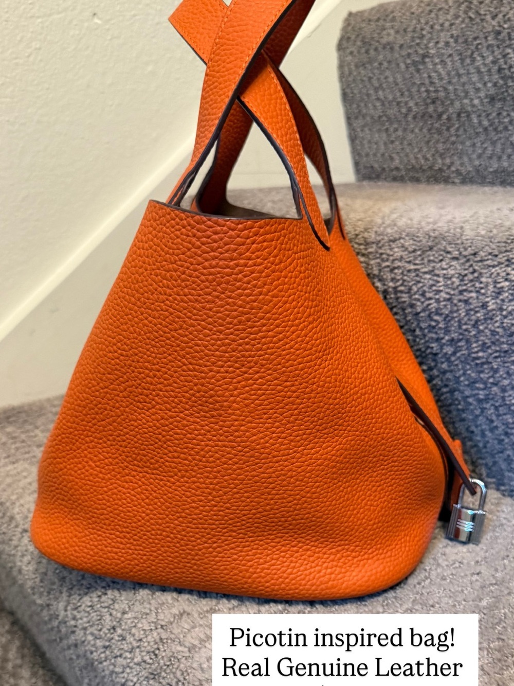 Compact Orange Pebbled Leather Mini Tote - Picture 2 of 3